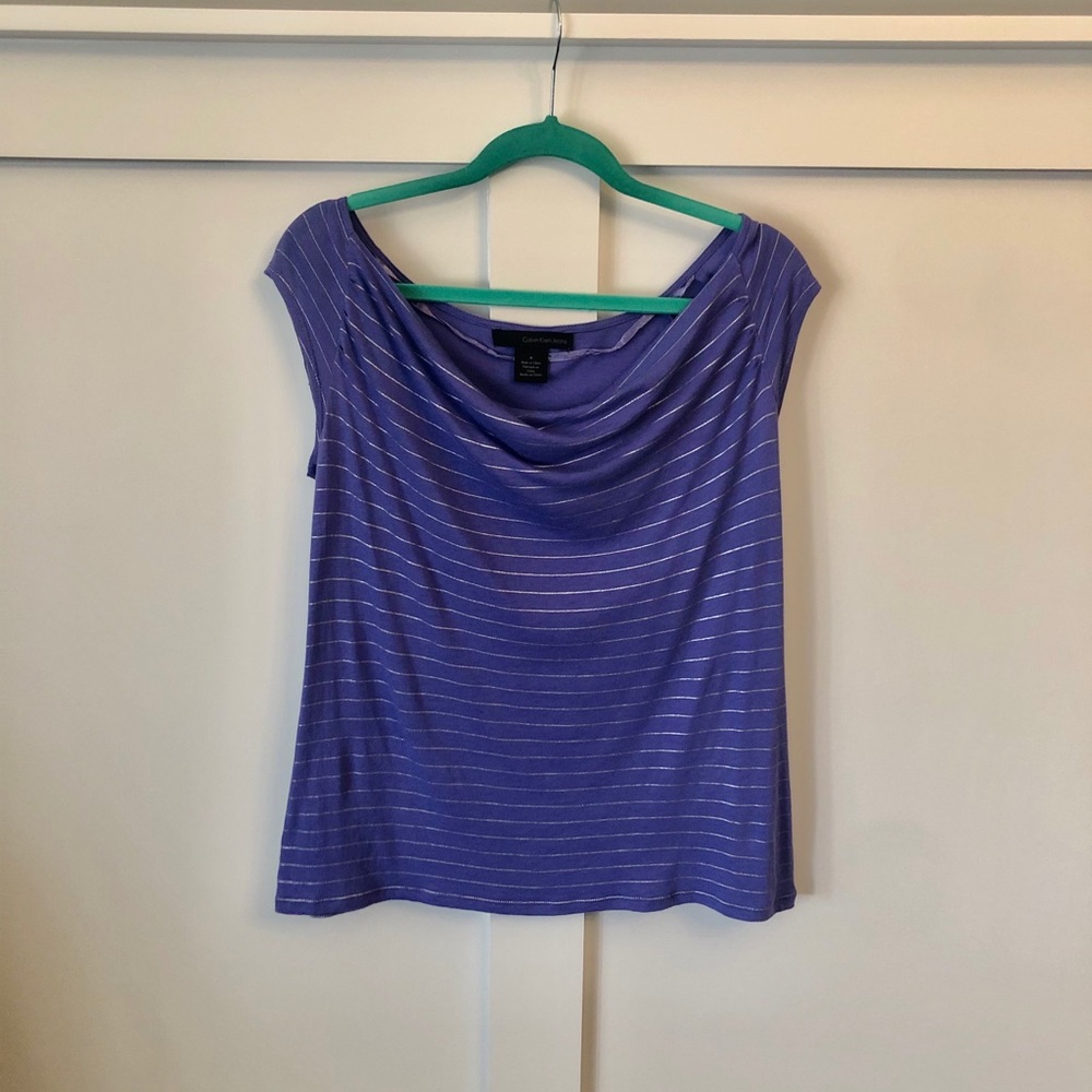 Purple T-shirt with metallic silver stripes